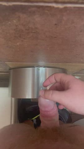 Playing with precum + cumshot in public bathroom :)