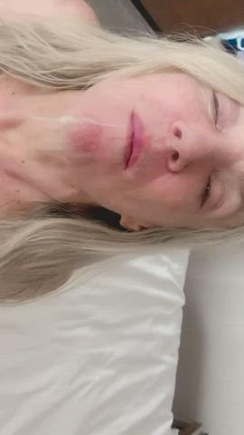 blonde blue eyes cum cum in mouth cum swallow gilf gokkun granny milf gif