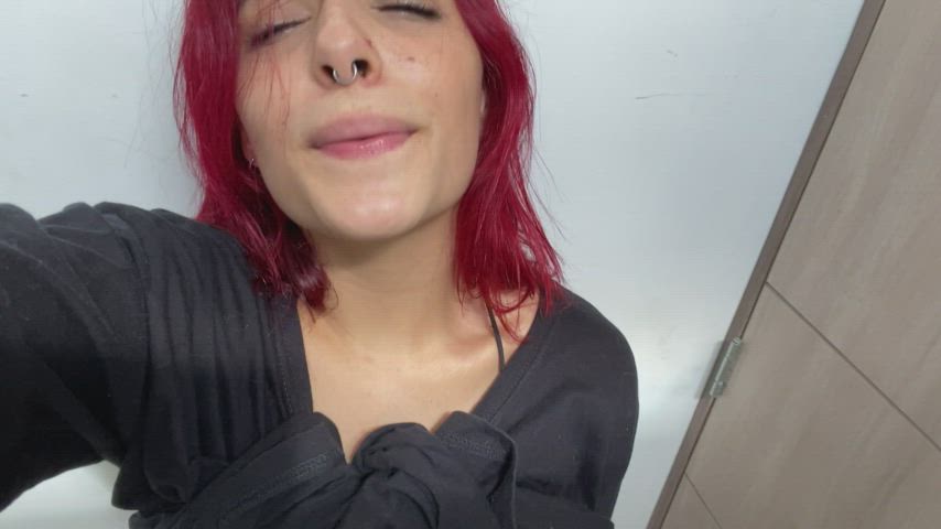 Redhead in public bathroom