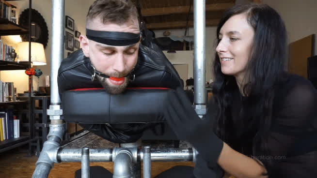 bdsm ball gagged bondage dominatrix femdom gagged latex gloves gif