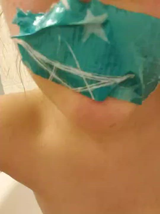 Pissed her panties then taped them in her mouth. So much piss it drips out. More