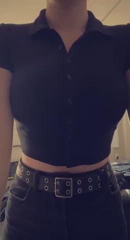 Boobs barely fit in button up shirt