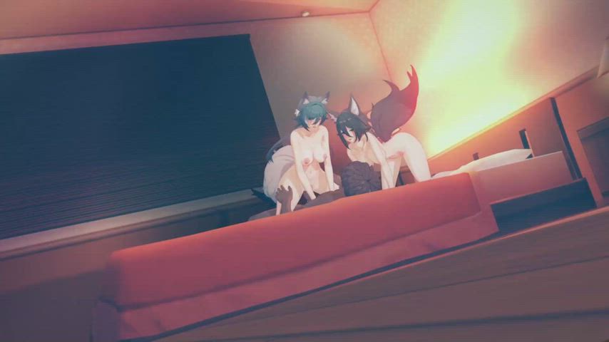 3d animation areolas bouncing tits cowgirl erect nipples riding rule34 threesome
