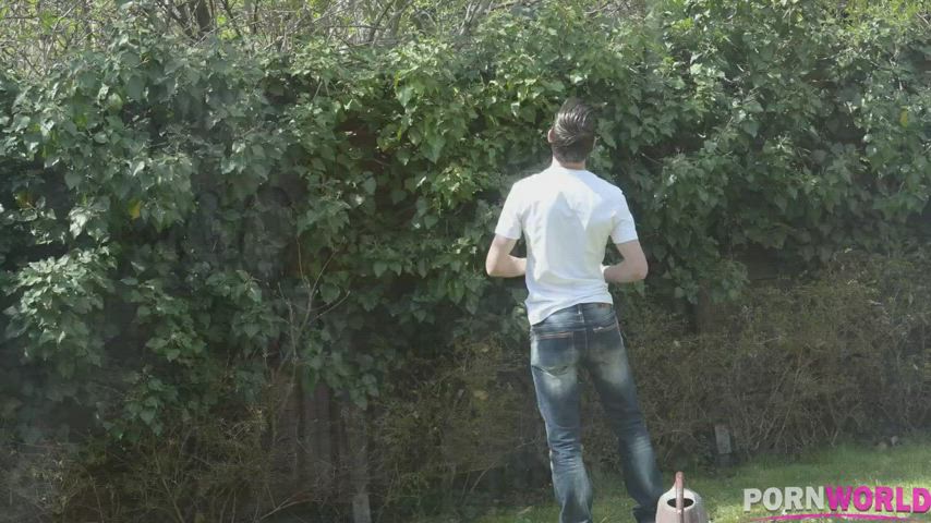 Guy interrupts his busty girlfriend fucking the gardener