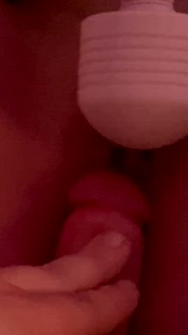She uses her toy to squirt all over my little cock