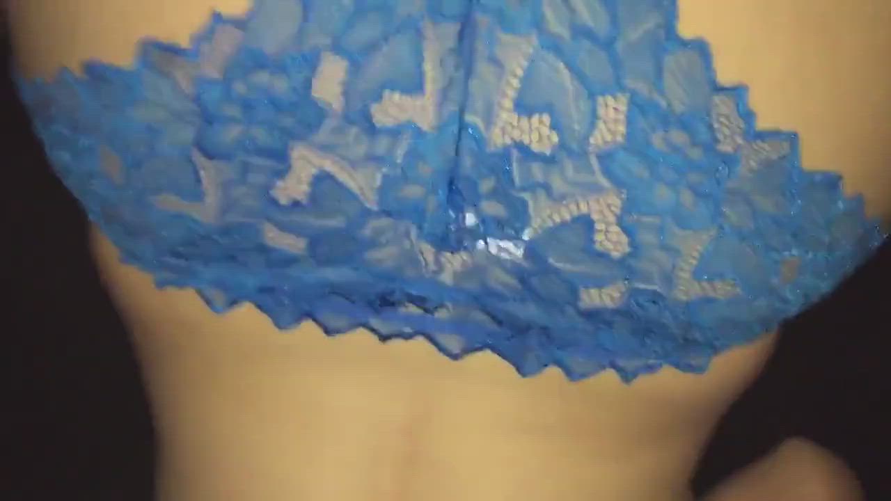 Cumshot on blue lace panties.