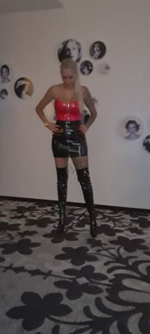 blonde boots dominatrix fake boobs fake tits fetish foot fetish latex latex gloves